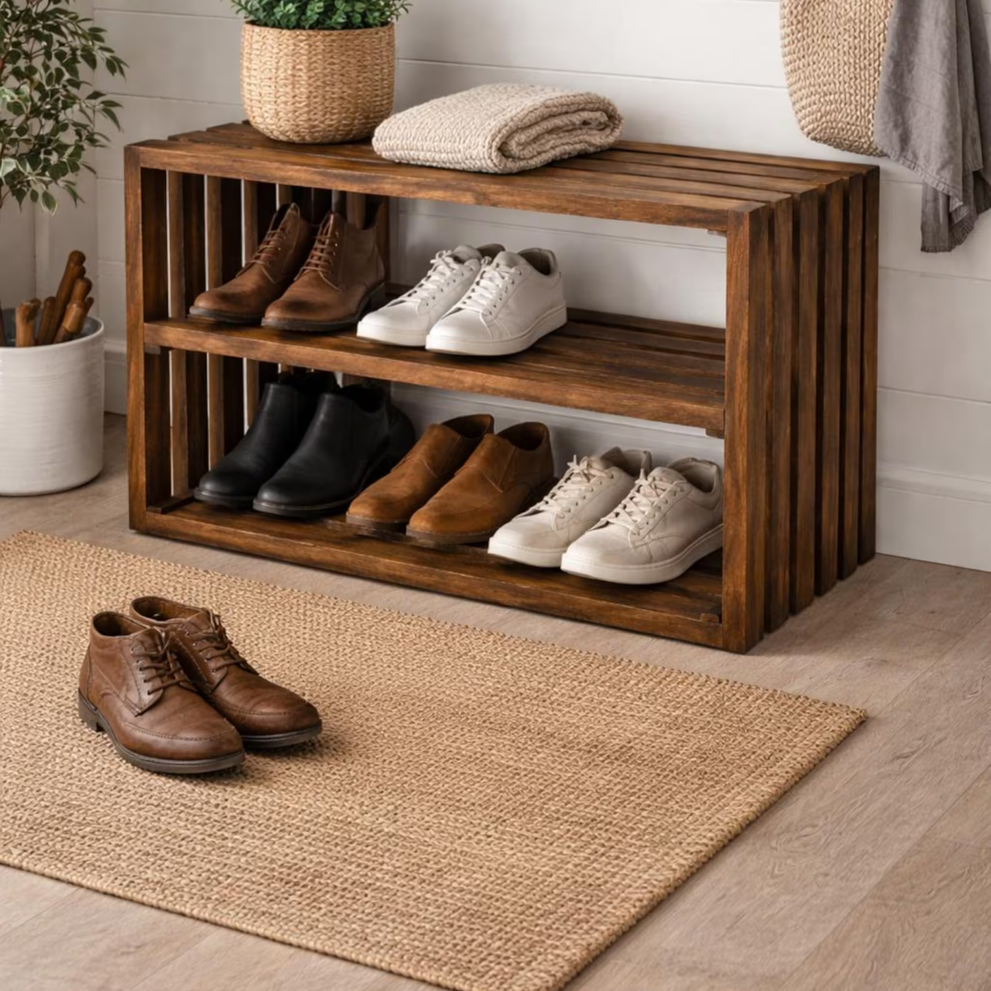 Rustic handcrafted Sheesham wood shoe rack bench with 2-tier storage, made from 100% solid Sheesham wood by Adaptivo Furniture. Perfect for entryways and hallways.