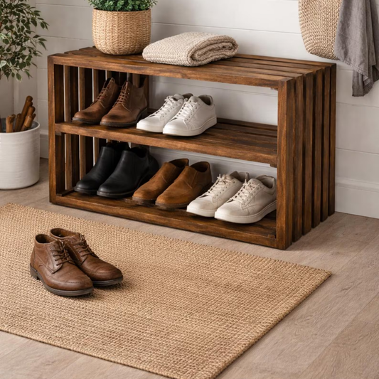 Rustic handcrafted Sheesham wood shoe rack bench with 2-tier storage, made from 100% solid Sheesham wood by Adaptivo Furniture. Perfect for entryways and hallways.