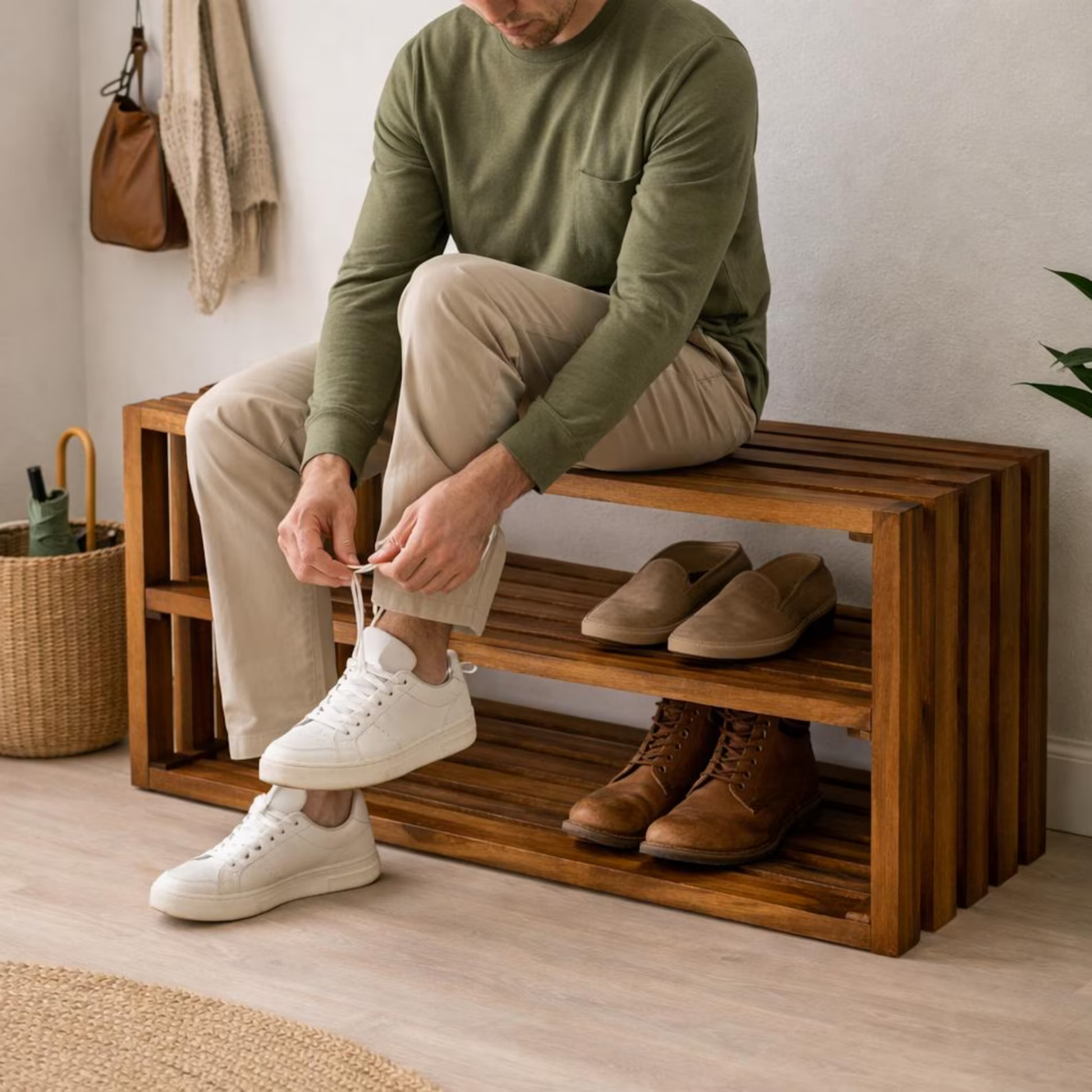 Solid Sheesham wood entryway bench featuring two spacious shoe storage shelves, handcrafted for durability, comfort, and everyday organisation.