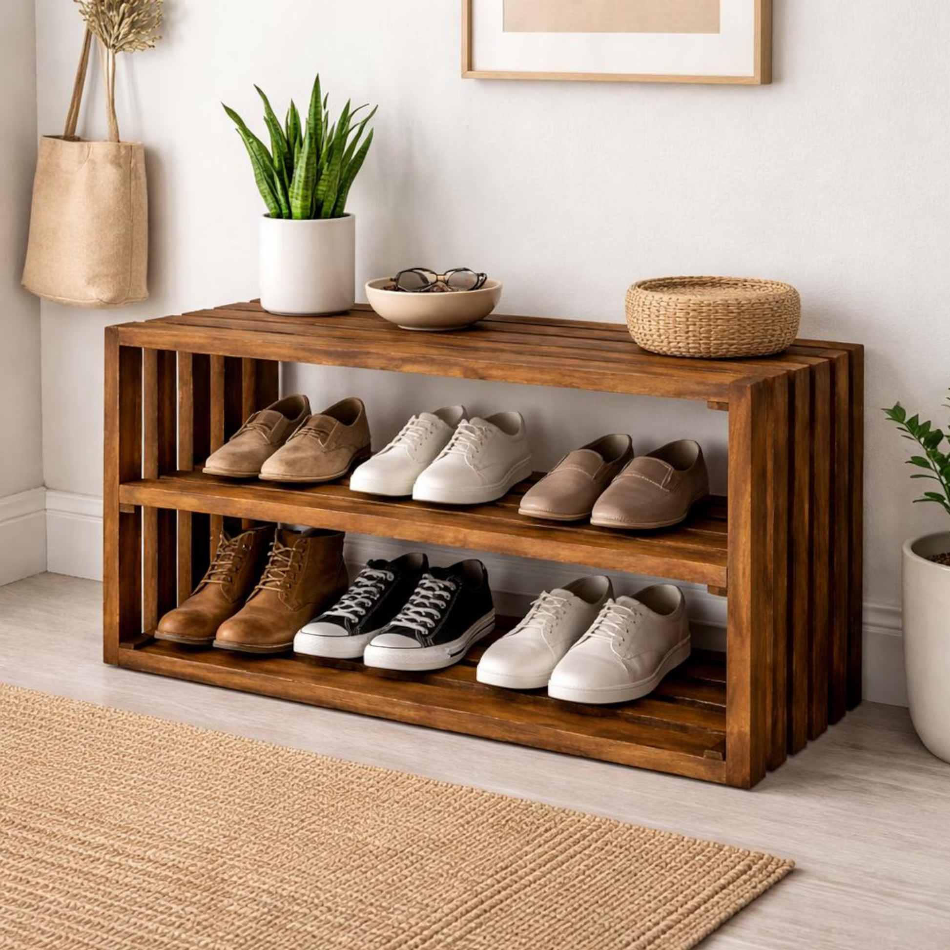 Close-up of the premium Sheesham wood grain and handcrafted finish, showcasing the natural beauty and long-lasting quality of this rustic shoe rack bench.
