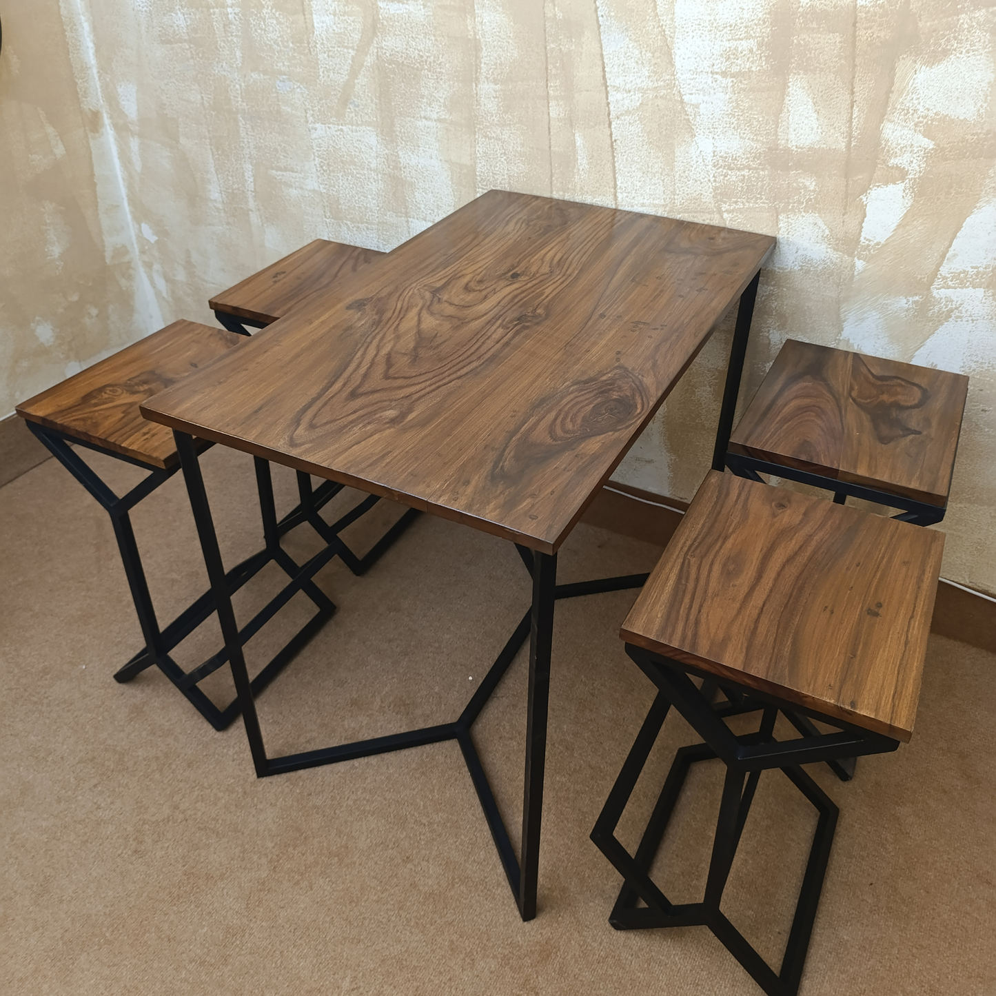 Rustic Sheesham Work & Dine Set with Metal Stools – Solid Wood Dining Table by Adaptivo Furniture