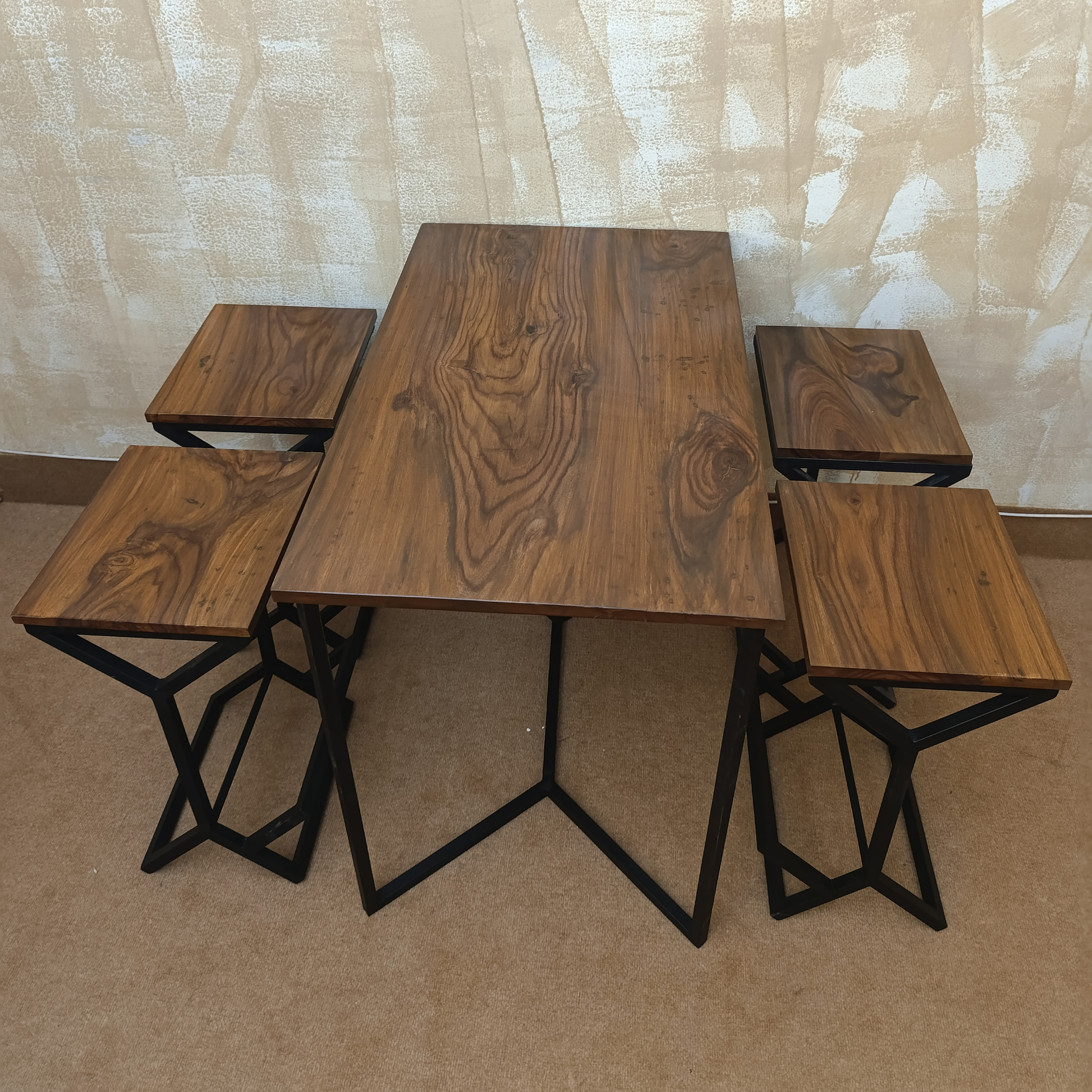 Rustic Sheesham Work & Dine Set with Metal Stools – Handmade Solid Wood Dining Furniture by Adaptivo Furniture