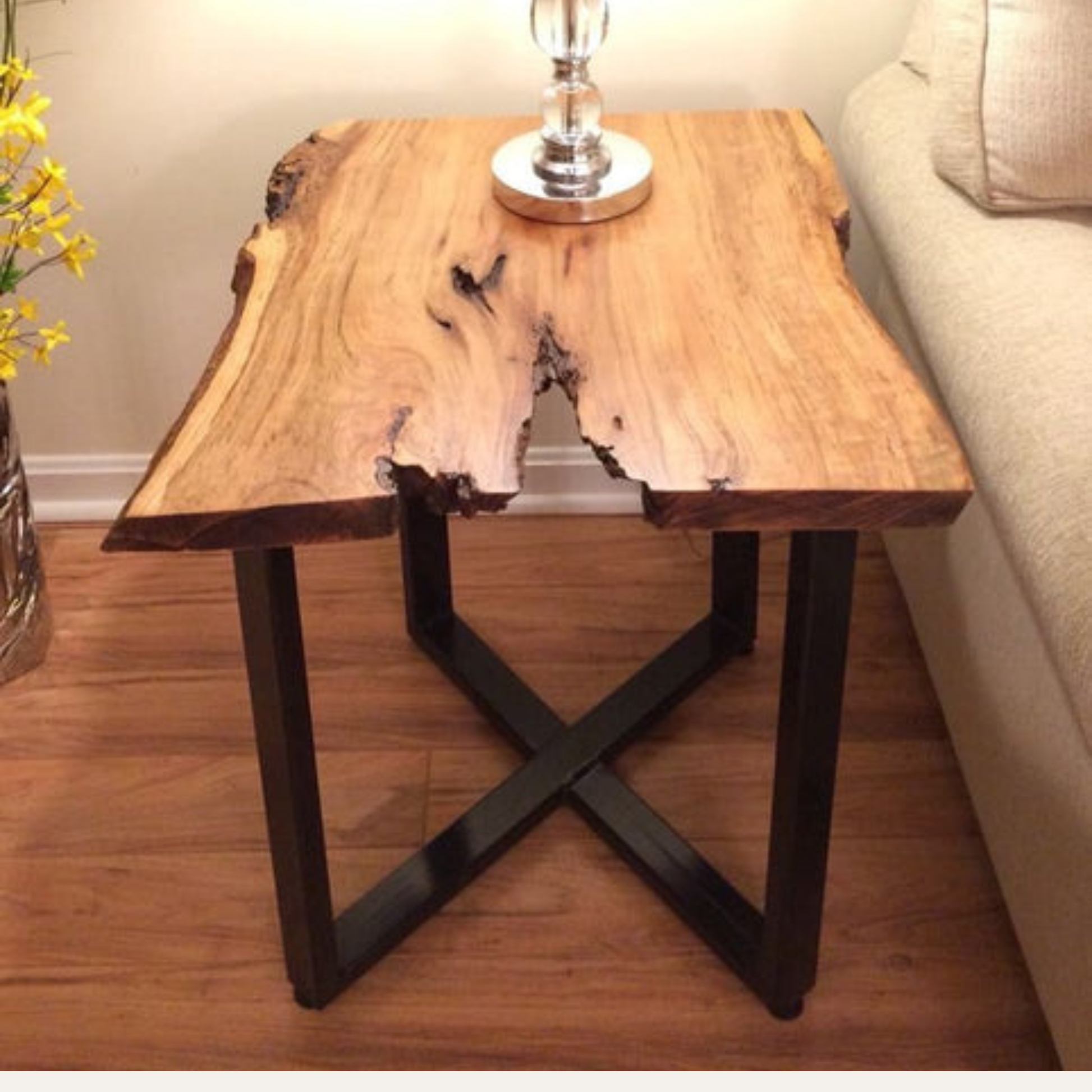 Live Edge Sheesham Wood Side Table with Metal Cross Legs – Handcrafted Natural Finish by Adaptivo Furniture