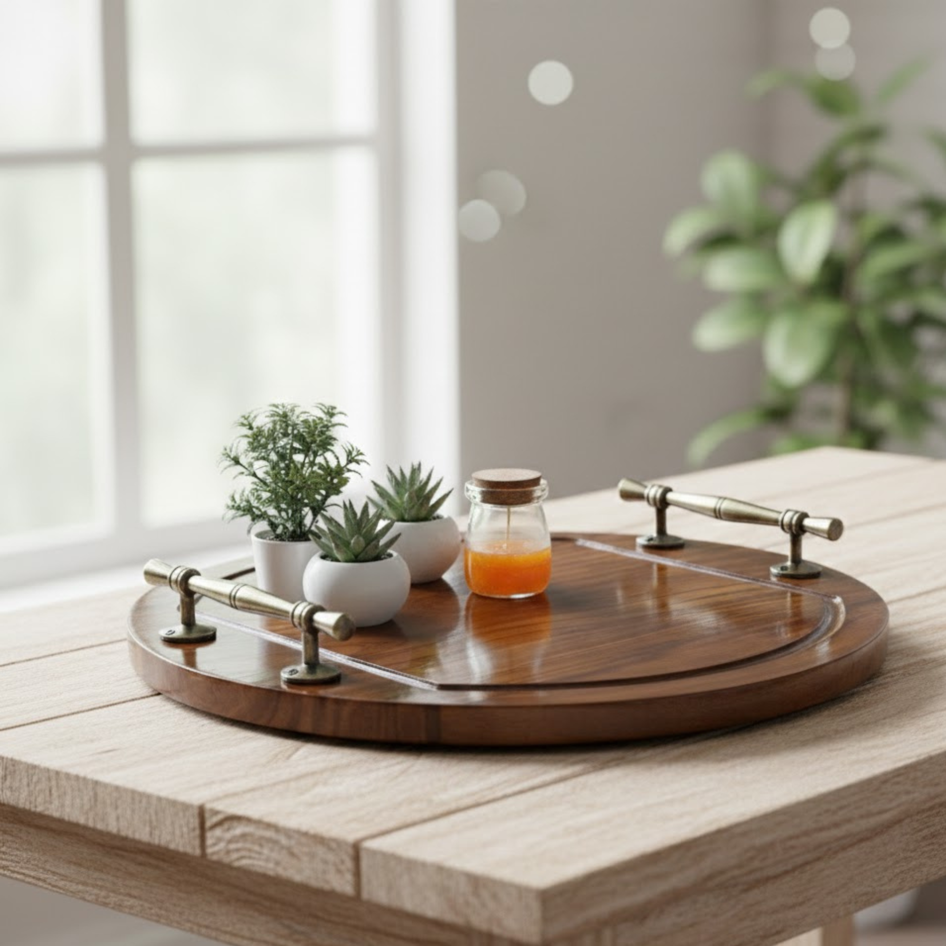 Set of 2 Sheesham wood round serving trays with brass handles, handmade 18 and 16 inch wooden trays, luxury serving trays by Adaptivo Furnitur