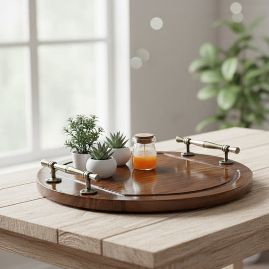 Set of 2 Sheesham wood round serving trays with brass handles, handmade 18 and 16 inch wooden trays, luxury serving trays by Adaptivo Furnitur