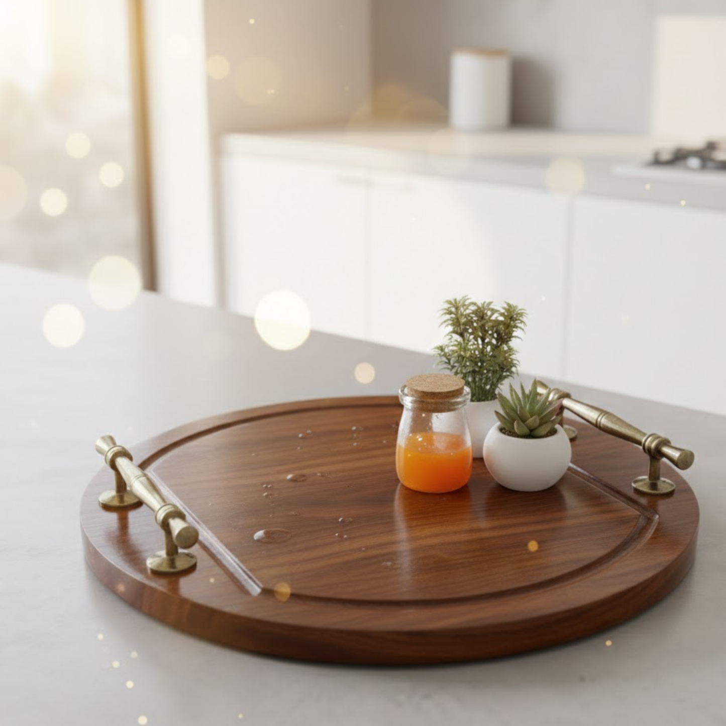 Close-up of solid Sheesham wood grain and brass handles, handcrafted round serving trays, premium wooden tea and coffee serving trays for modern homes
