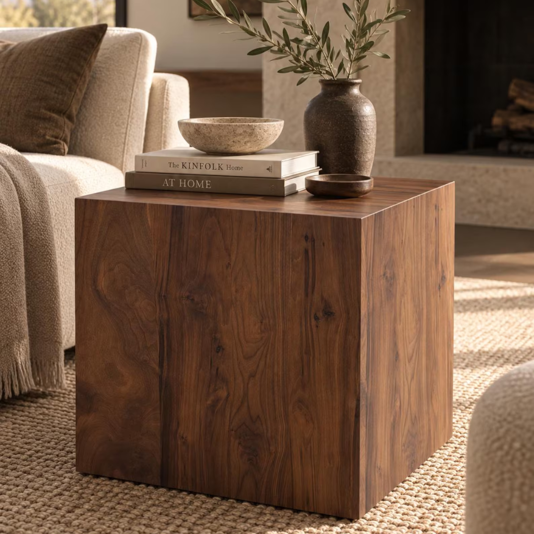 Sheesham wood cube side table made from solid natural wood