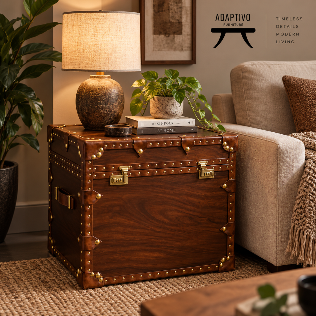 A dark brown wooden trunk side table with brass hardware and rivets, styled in a cozy living room next to a beige sofa with a lamp and plant on top. The brand logo 'ADAPTIVO FURNITURE' is visible in the top right corner.