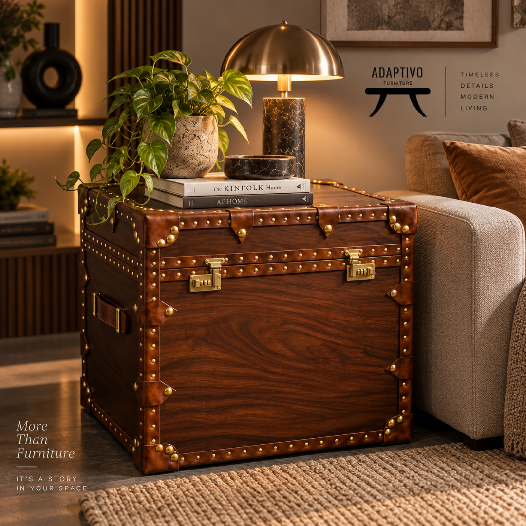 A dark brown wooden trunk side table styled in a cozy living room next to a beige sofa, decorated with a potted plant, books, and a brass lamp. The trunk features brass hardware, rivets, and corner protectors.