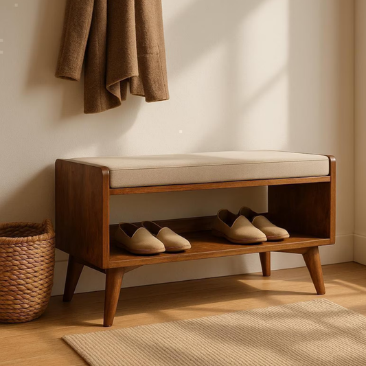 Sheesham Wood Storage Bench with Linen Seat – Nordic Shoe Rack | Adaptivo Furniture