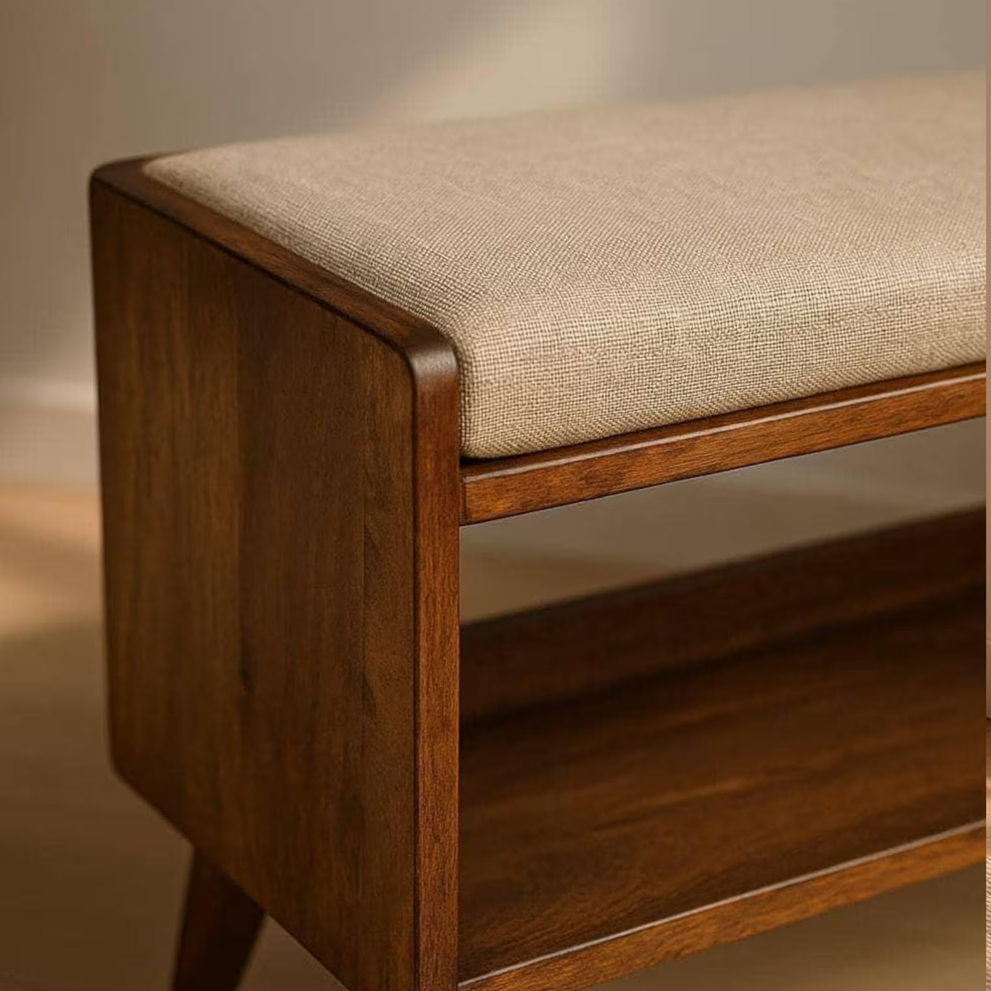 Sheesham Wood Storage Bench with Linen Seat – Nordic Shoe Rack | Adaptivo Furniture