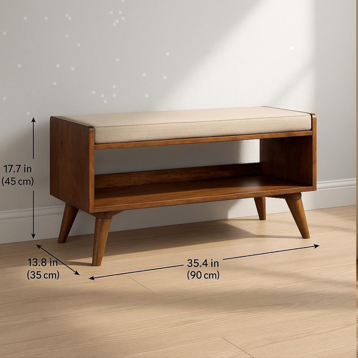 Sheesham Wood Storage Bench with Linen Seat – Nordic Shoe Rack | Adaptivo Furniture