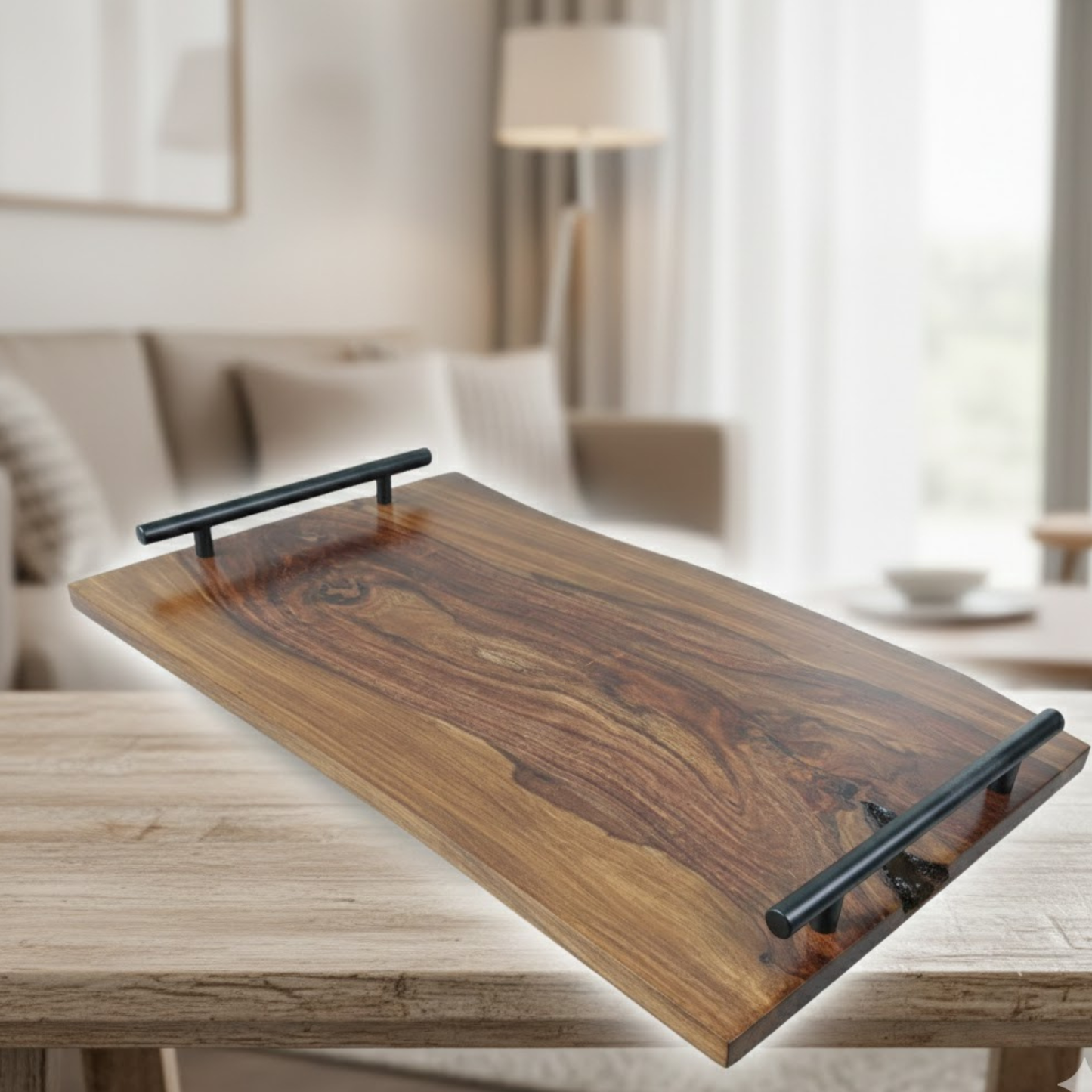 Sheesham live edge cutting board with handle, solid wood serving tray by Adaptivo Furniture, handcrafted wooden chopping board for kitchen
