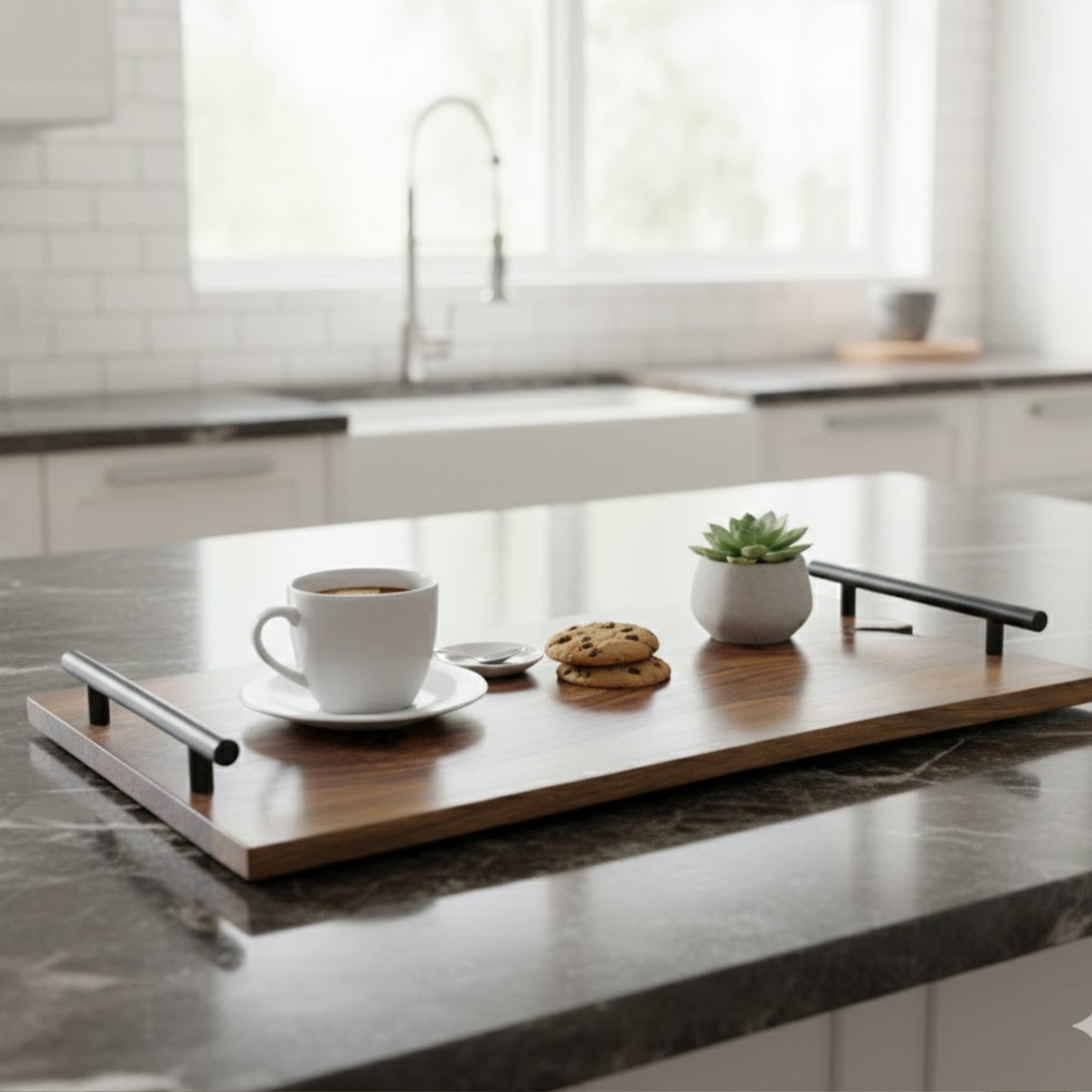 Close-up of natural Sheesham wood grain with live edge finish and sturdy handle, handmade wooden cutting board and serving platter for cheese, bread and appetisers.