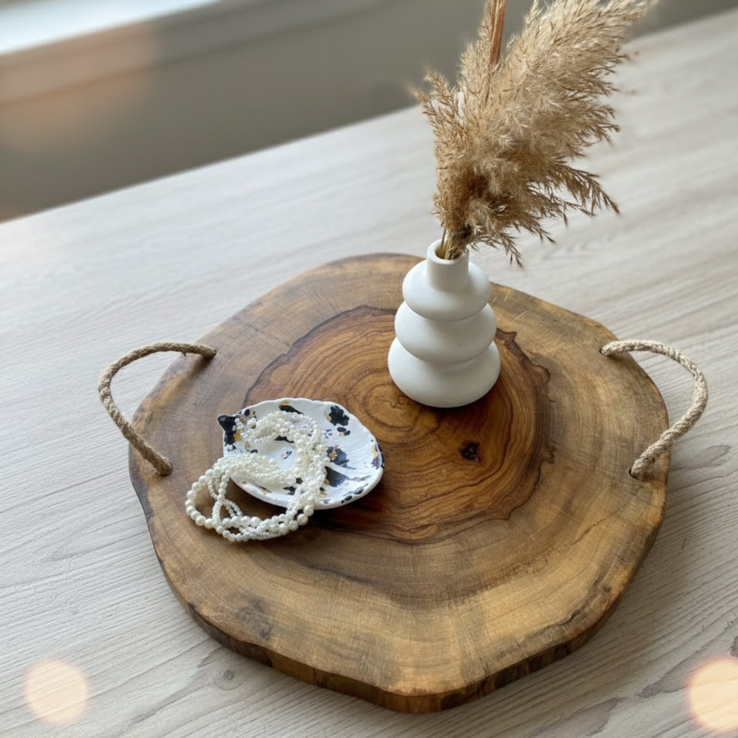 Sheesham live edge wooden serving tray with rope handles, handcrafted solid wood rustic tray by Adaptivo Furniture, natural edge serving platter for modern