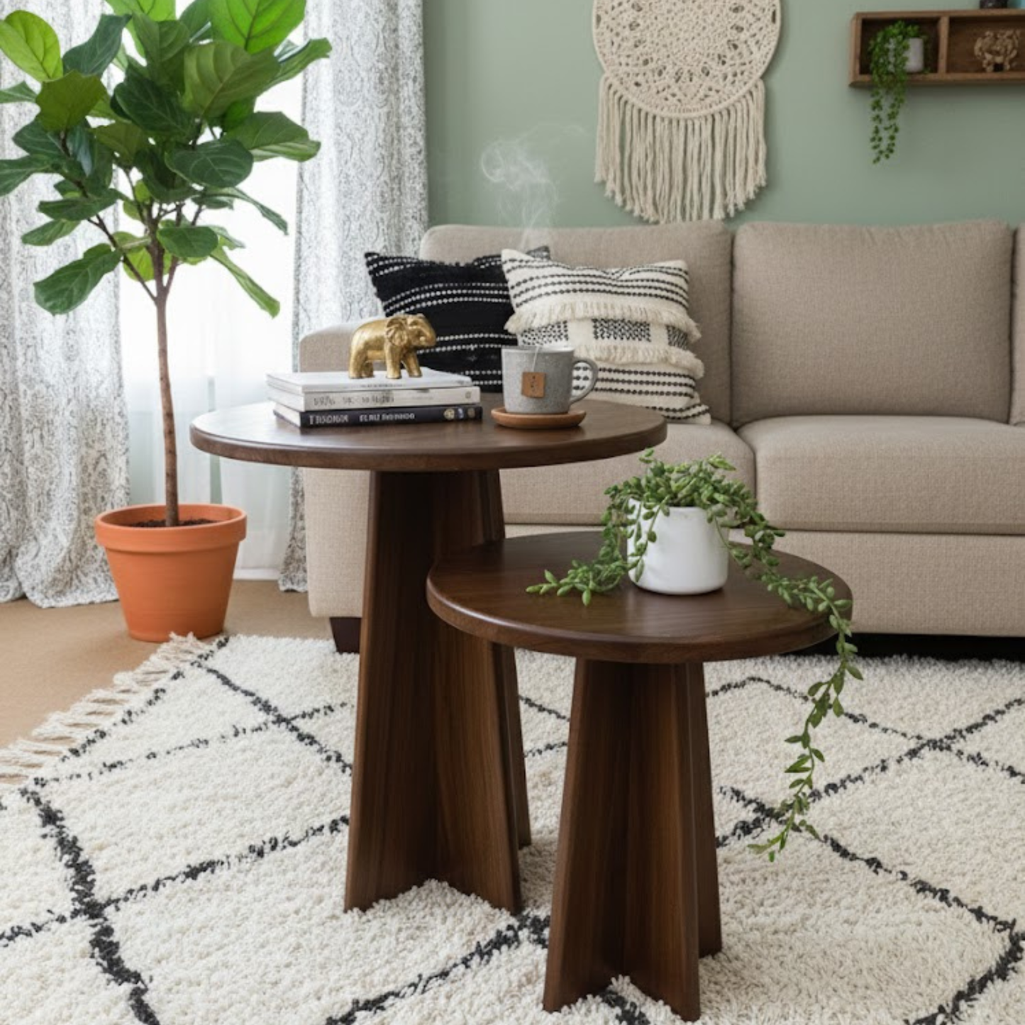 Close-up of round Sheesham wood nesting tables – modern wooden side tables set | Adaptivo Furniture