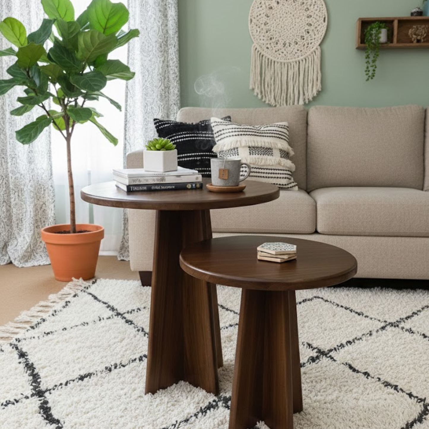 Sheesham round nesting tables set of 2 – solid wood end tables for living room | Adaptivo Furniture