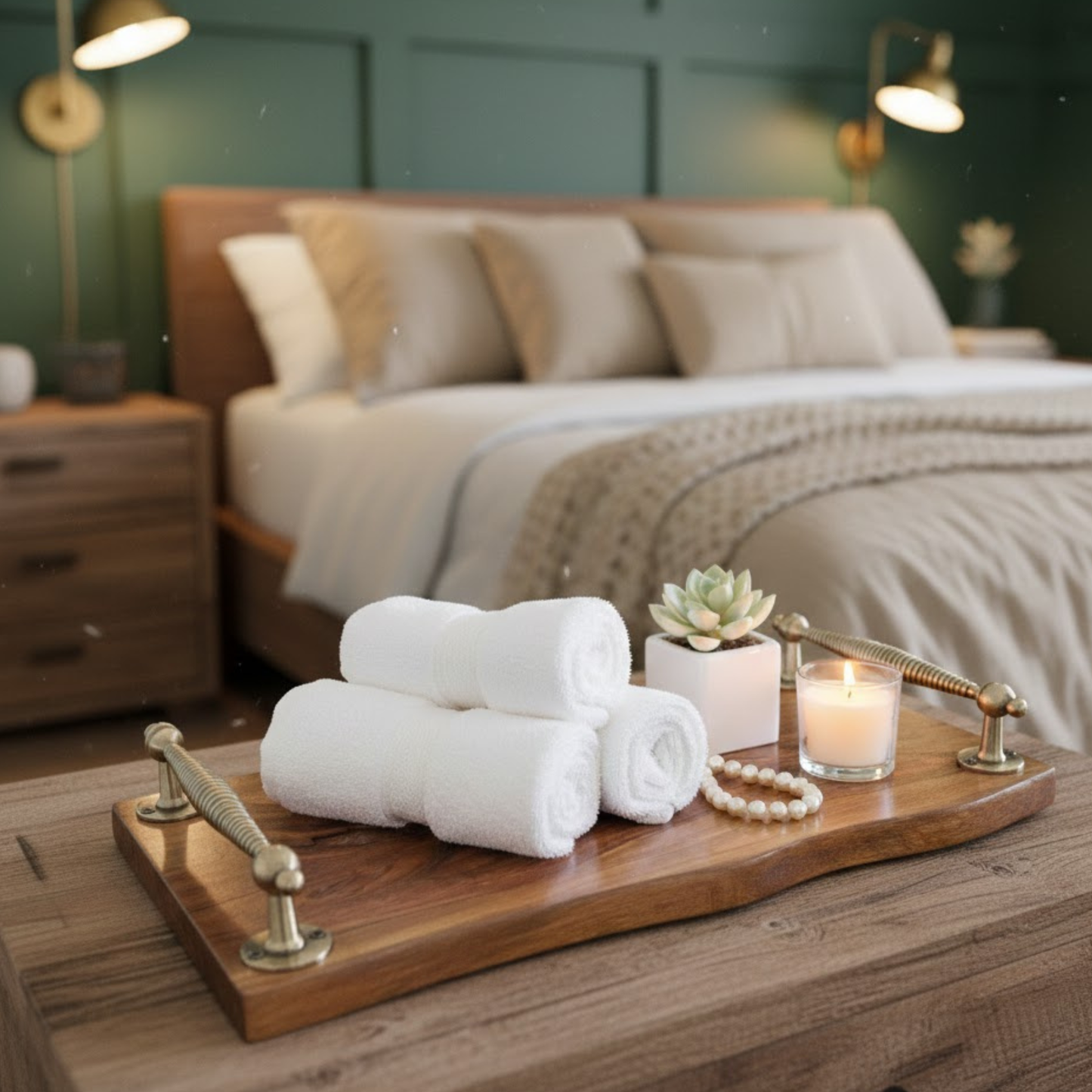 Sheesham serving tray with handles, handcrafted solid wood tray by Adaptivo Furniture, premium wooden serving tray for tea, coffee and breakfast in UK homes