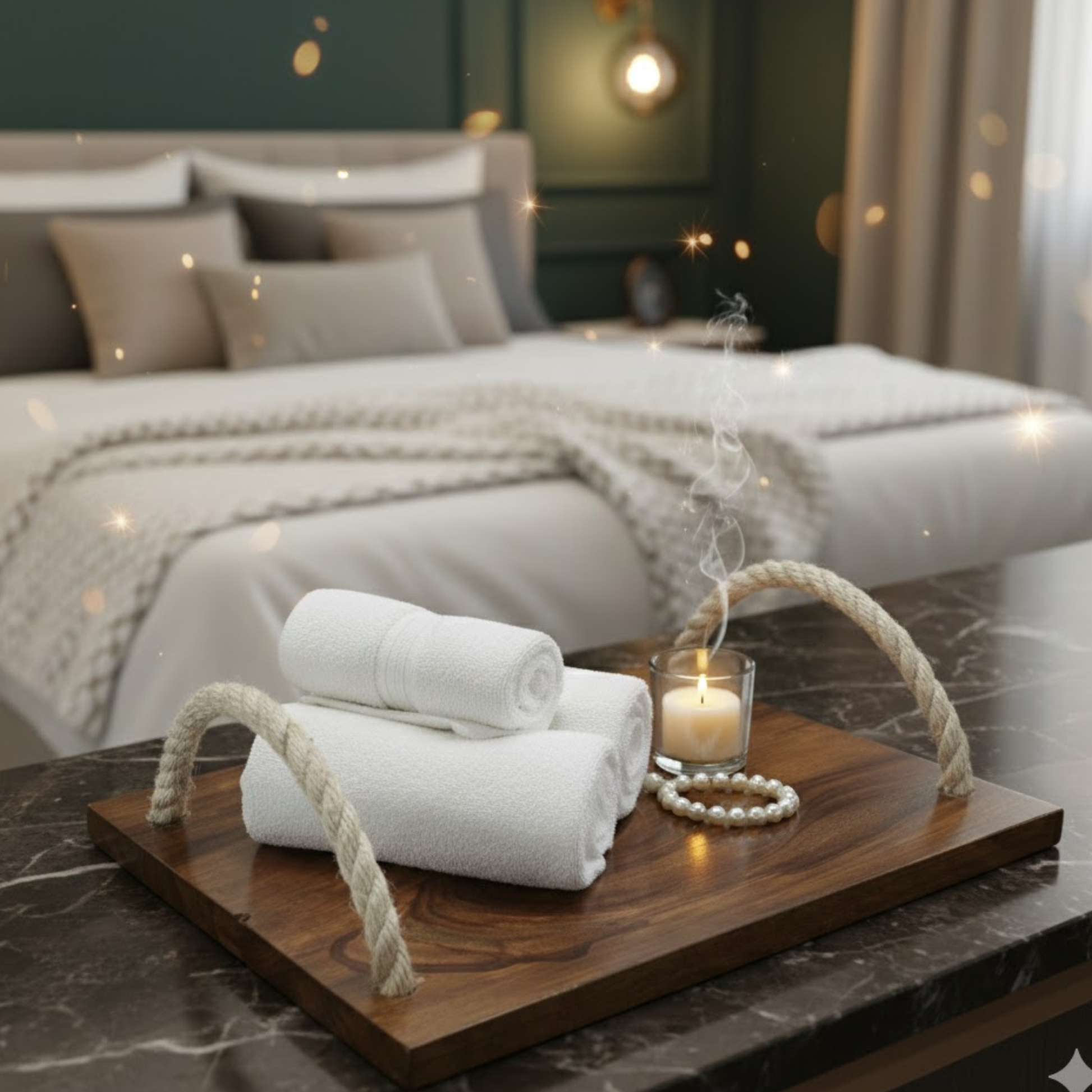 Close-up of natural Sheesham wood grain with durable rope handles, handmade wooden serving tray for breakfast, drinks and farmhouse style interiors.
