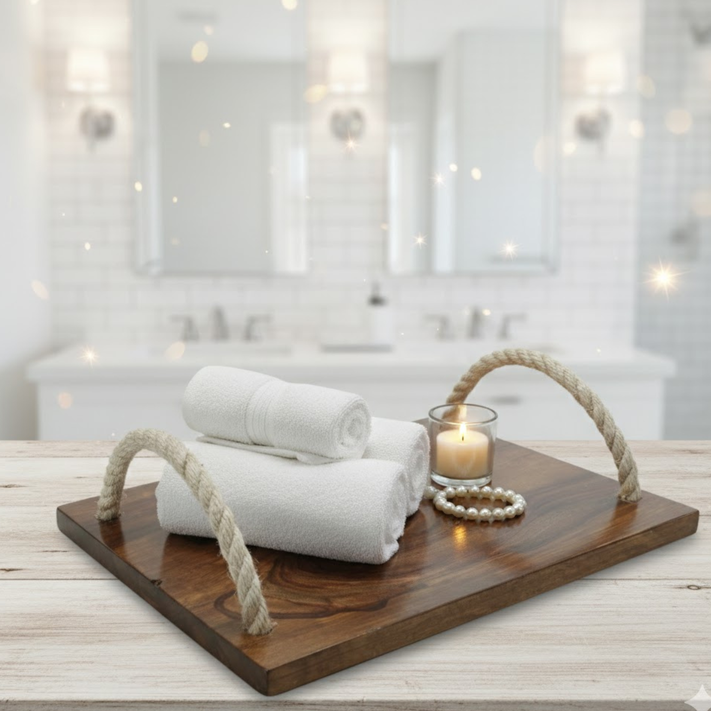 Sheesham wooden serving tray with rope handles, handcrafted solid wood tray by Adaptivo Furniture, rustic wooden serving tray for tea, coffee