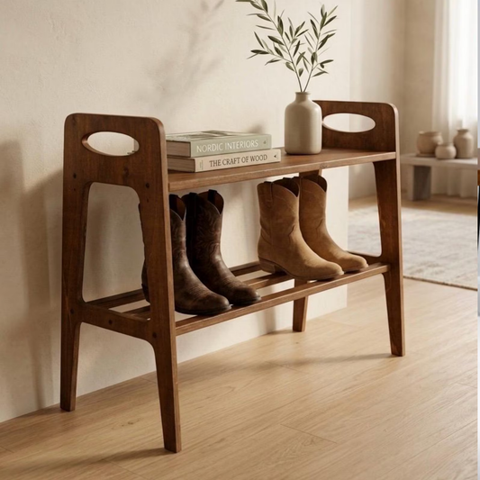 Small handcrafted Sheesham wood entryway shoe rack made from 100% solid Sheesham wood by Adaptivo Furniture. Compact storage shelf for shoes, plants, books, and home décor.