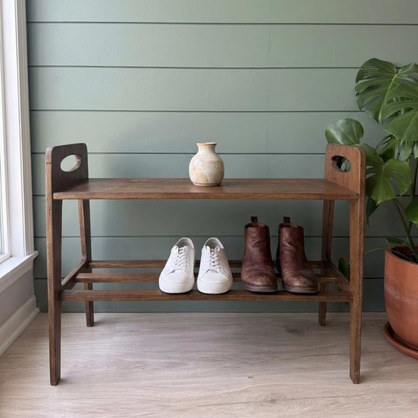 Solid Sheesham wood narrow storage rack with spacious shelves, ideal for organising shoes, baskets, plants, and everyday essentials in modern homes.