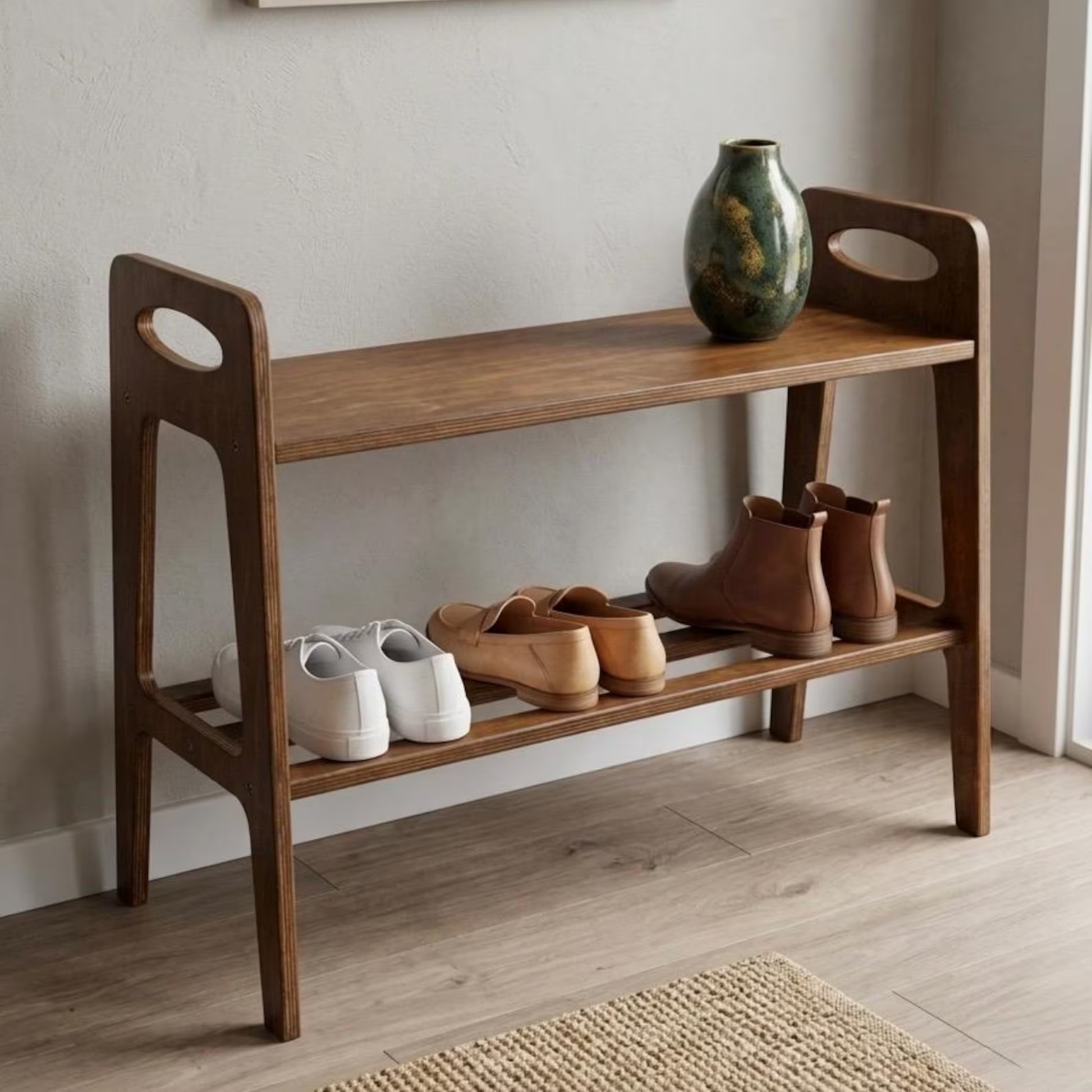 Close-up of premium Sheesham wood grain and handcrafted construction, highlighting the natural beauty and durability of this solid wood storage rack.