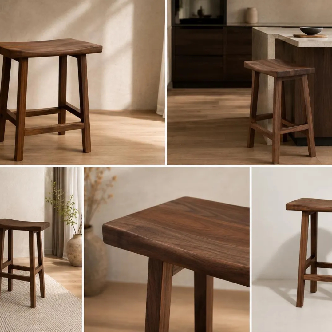 Solid Pakistani Sheesham Wood Bar Stool | Handmade Modern Minimalist Scandinavian Wooden Seat
