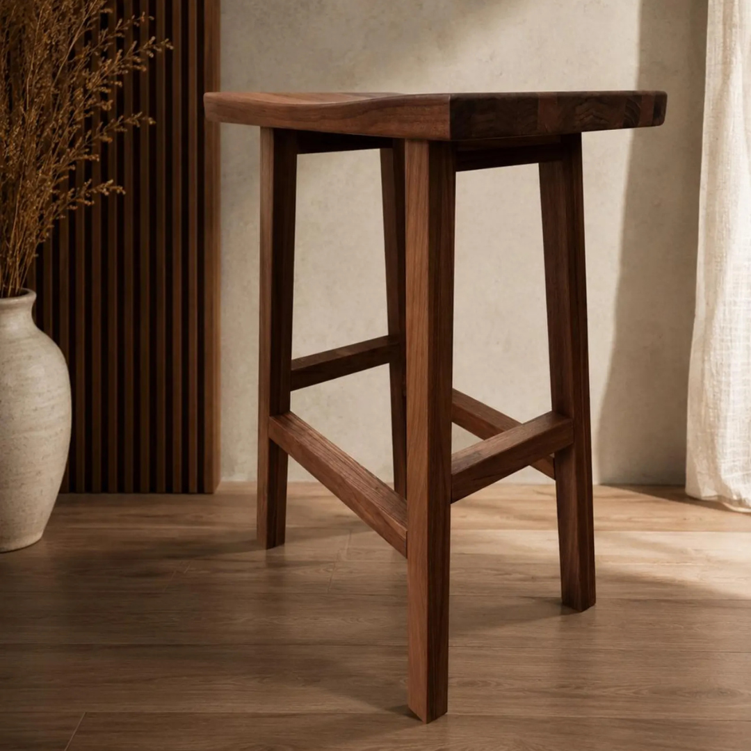 Solid Pakistani Sheesham Wood Bar Stool | Handmade Modern Minimalist Scandinavian Wooden Seat