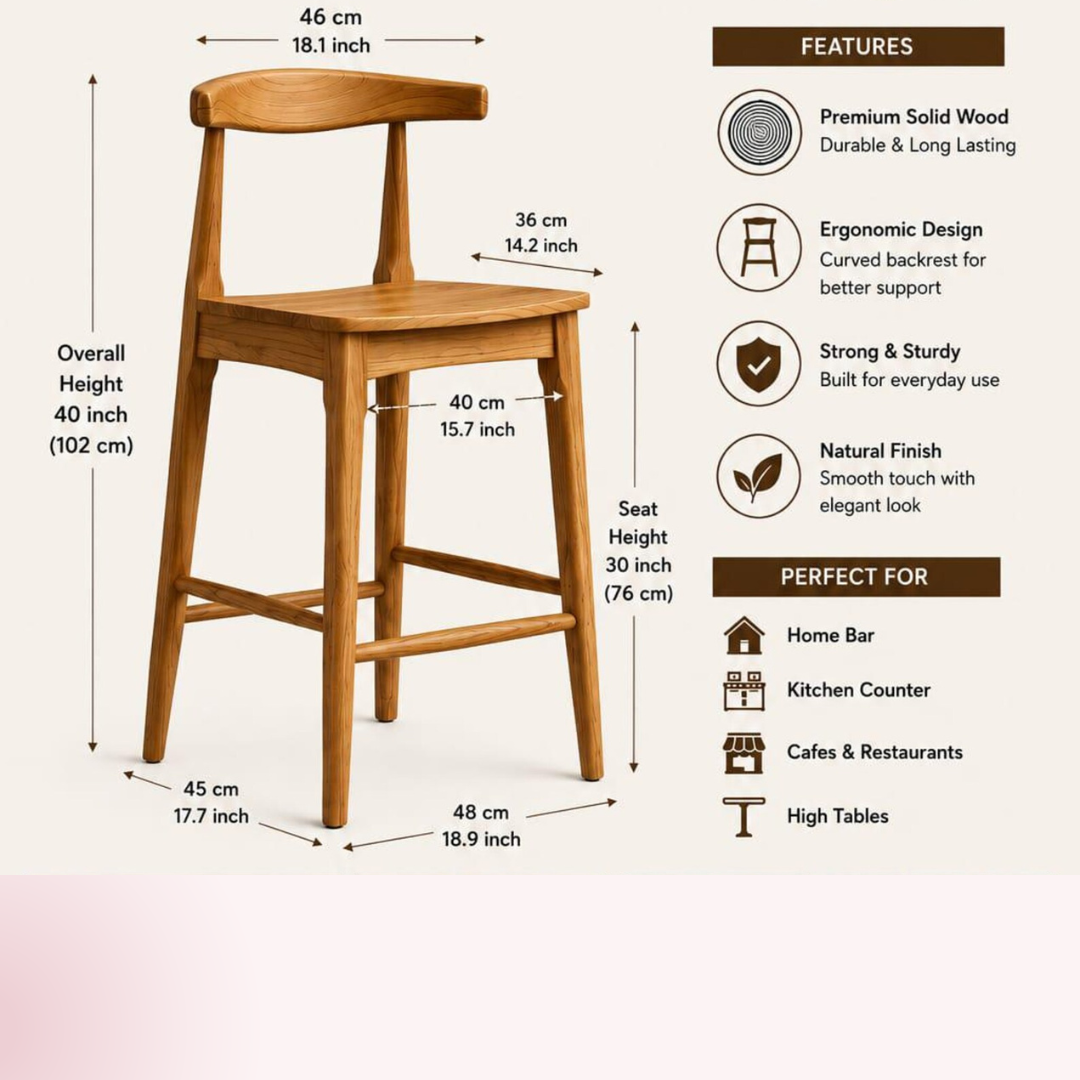 Solid Sheesham Wood Bar Stool | Mid-Century Modern Scandinavian Counter Stool