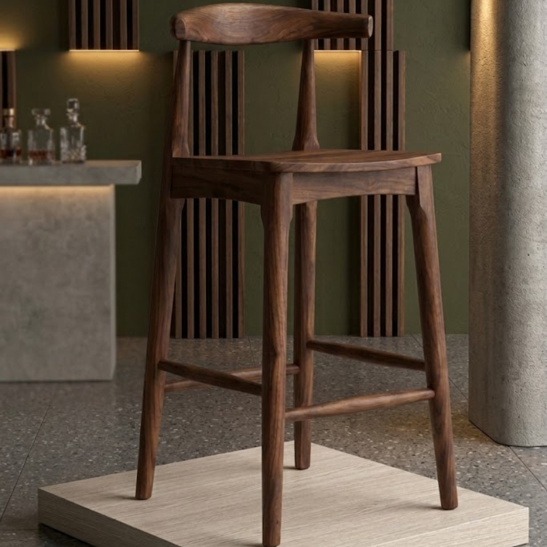 Solid Sheesham Wood Bar Stool | Mid-Century Modern Scandinavian Counter Stool