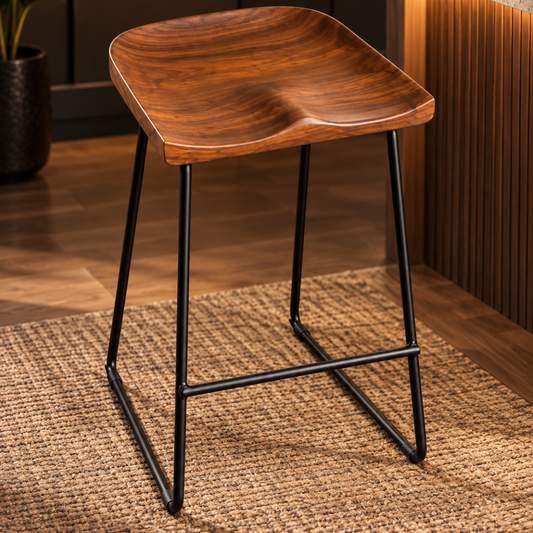 Solid Sheesham wood bar stool with black metal legs by Adaptive Furniture