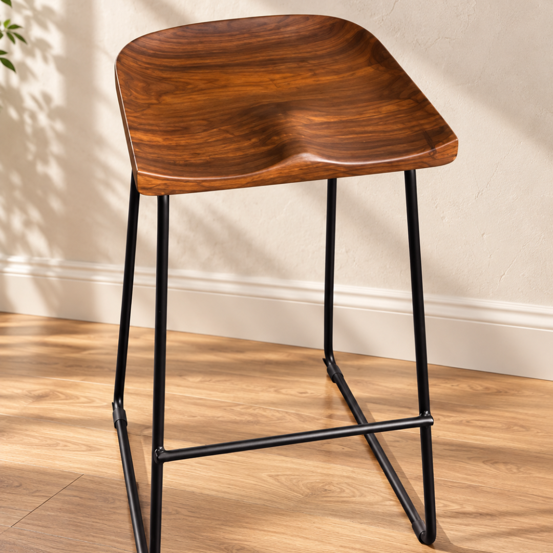 Sheesham wood stool with integrated black metal footrest