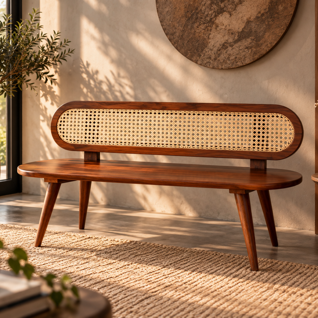 A mid-century modern wooden bench with a curved backrest made of woven cane, shown in a warm, sunlit room with a textured rug and wall decor.