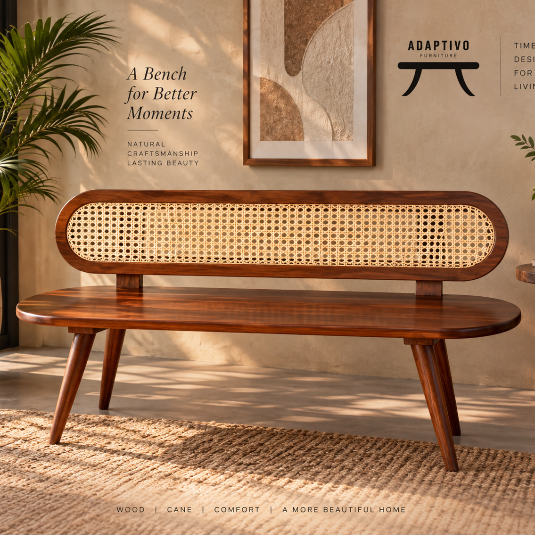 Handcrafted 100% solid Sheesham wood bench with natural cane backrest