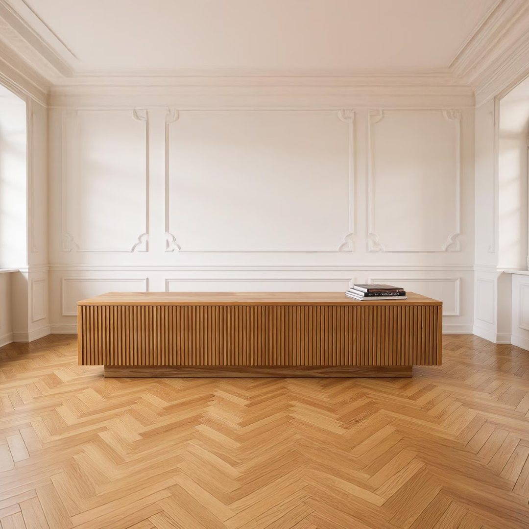 Handcrafted modern fluted Sheesham wood media console for living room by Adaptivo Furniture.