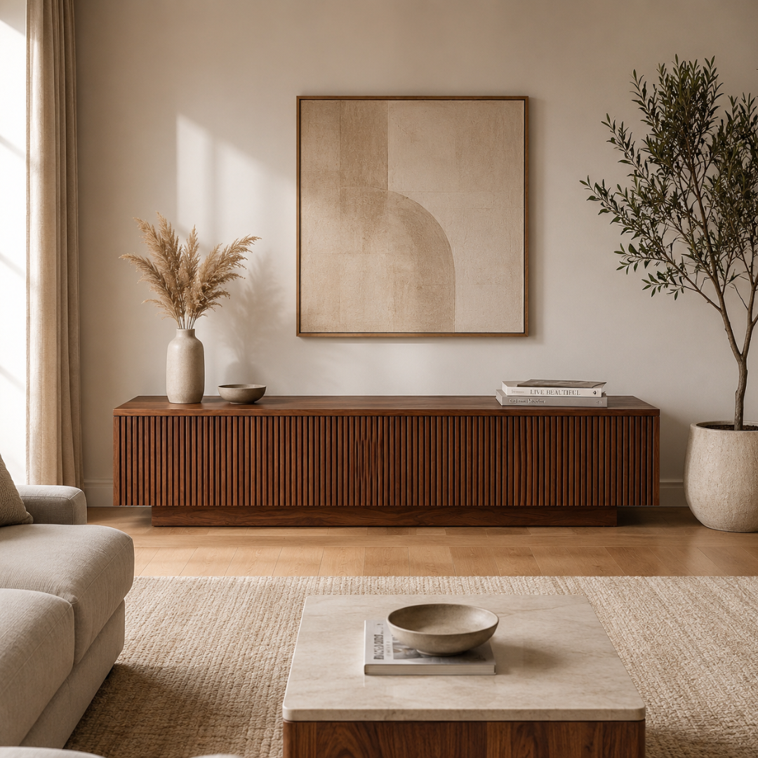 Solid Sheesham wood 6ft fluted TV unit and modern media console by Adaptivo Furniture.