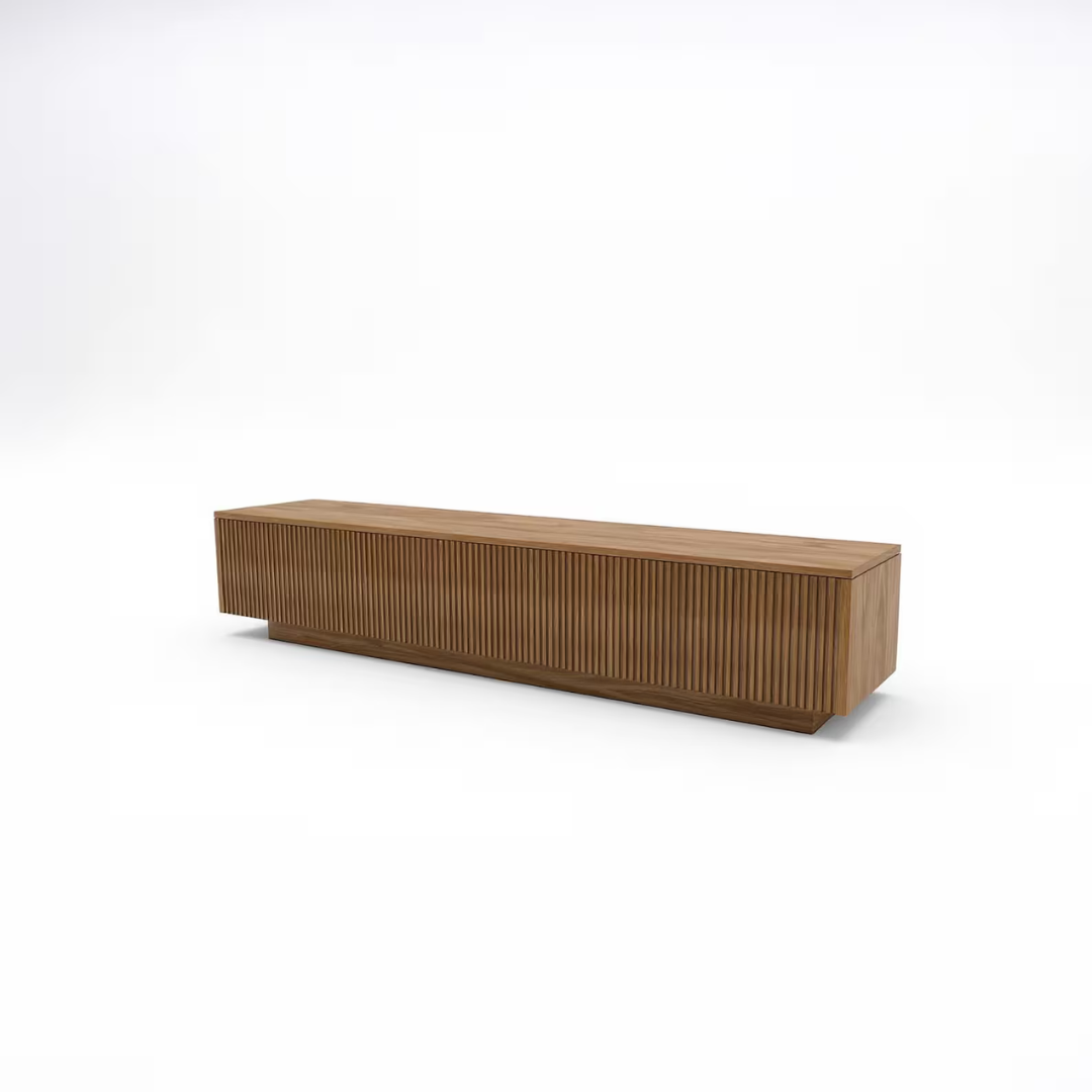 A modern wooden credenza or sideboard with a fluted front panel, shown on a clean white studio background.