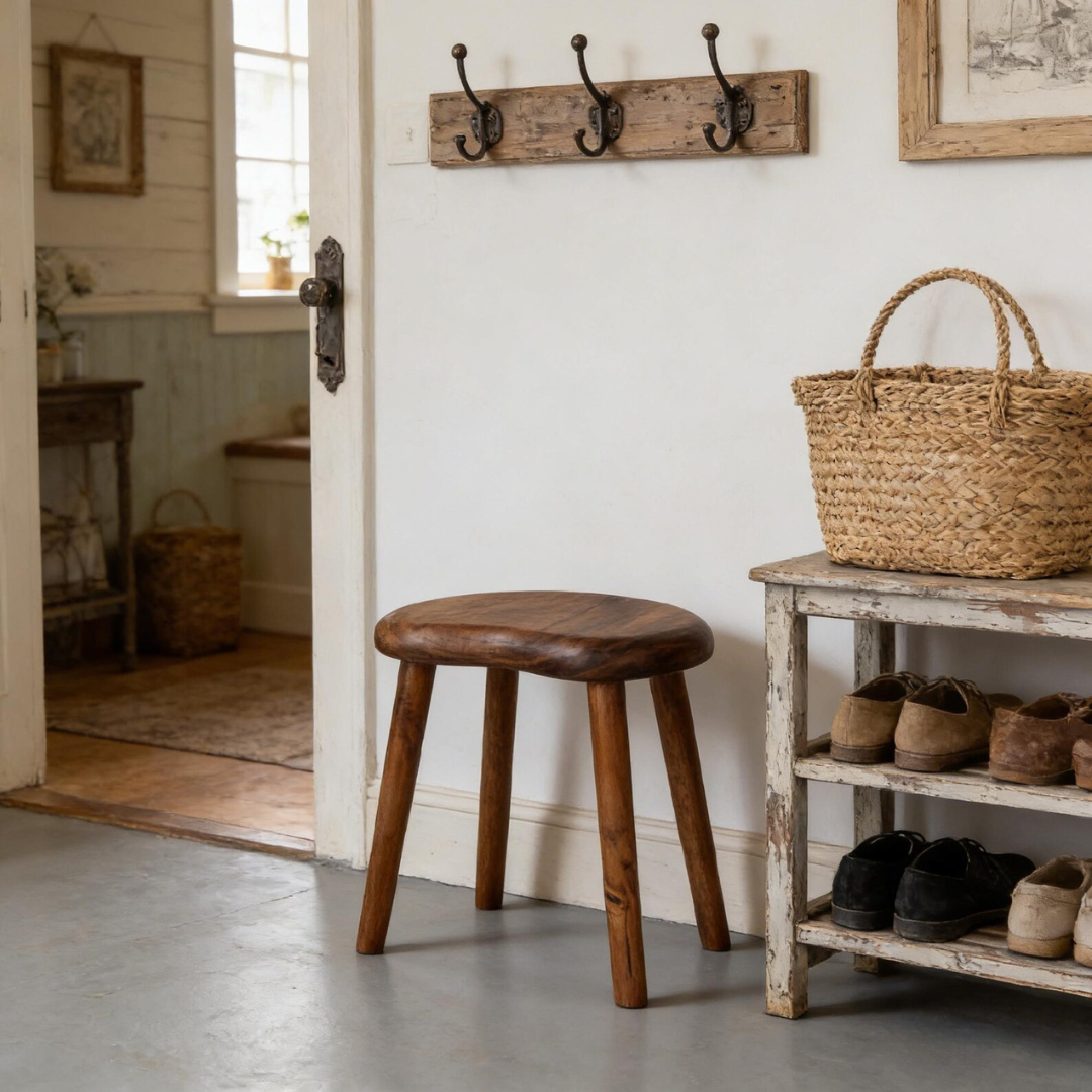 Solid Sheesham Wood Kidney Stool | Handmade Rustic Vanity Bench | Minimalist Accent Stool