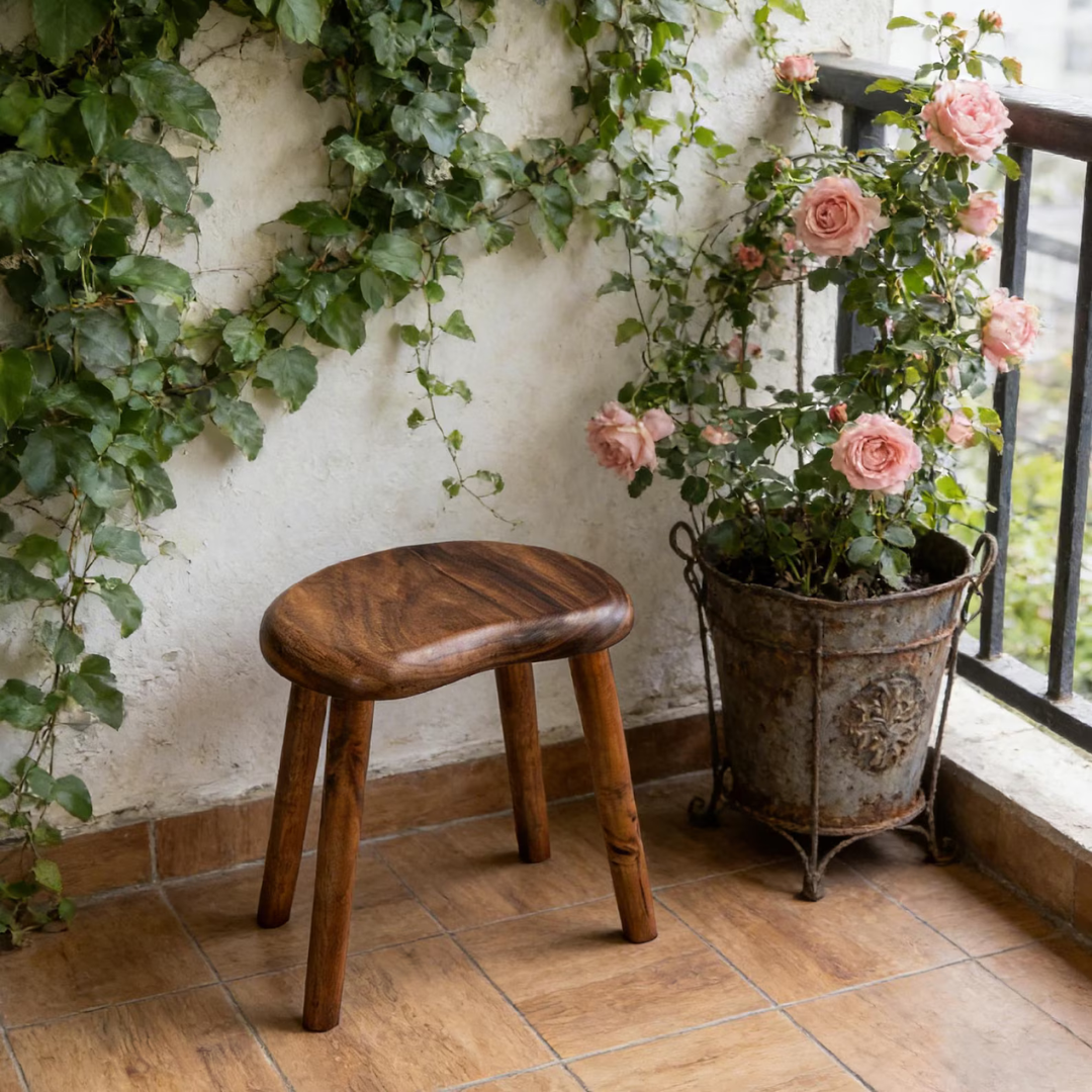 Solid Sheesham Wood Kidney Stool | Handmade Rustic Vanity Bench | Minimalist Accent Stool