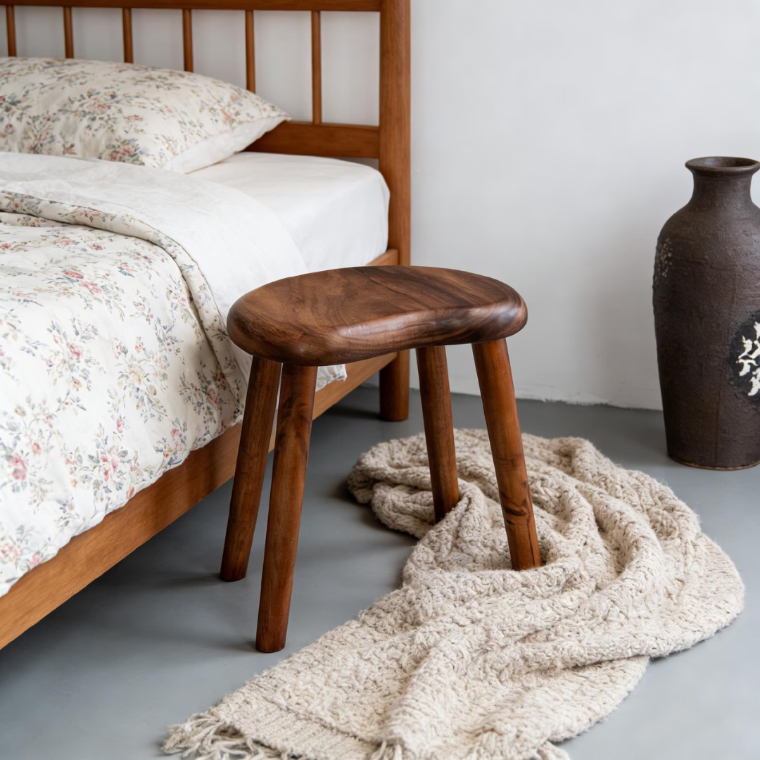 Solid Sheesham Wood Kidney Stool | Handmade Rustic Vanity Bench | Minimalist Accent Stool