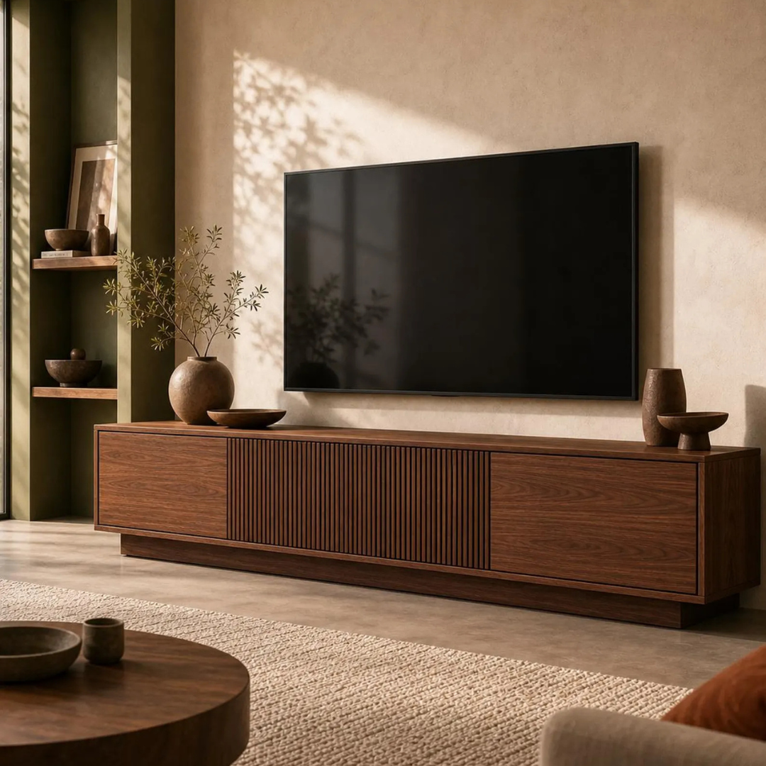 Solid Sheesham Wood TV Stand | Modern Slatted Media Console | Custom Entertainment Cabinet | Adaptivo Furniture