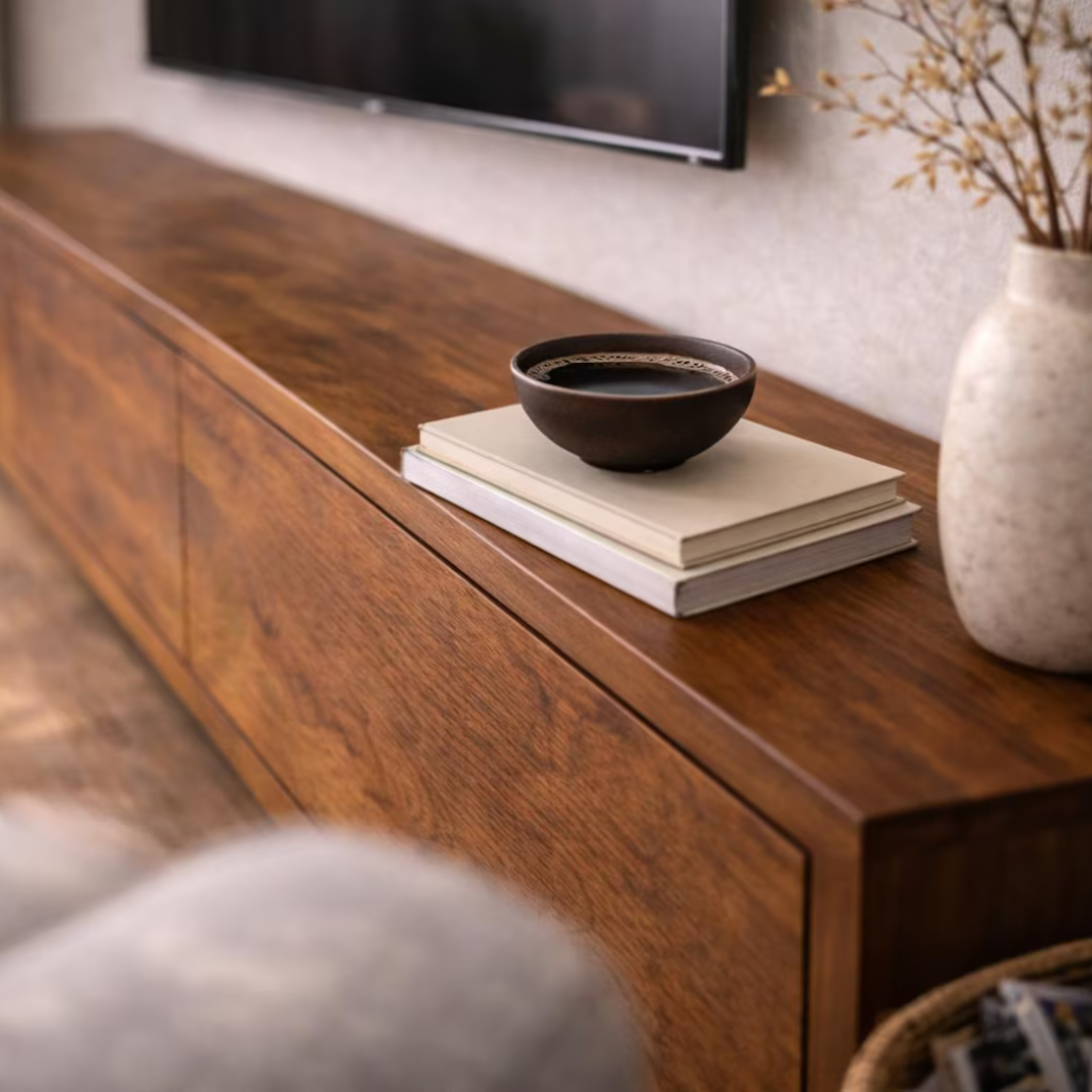A warm brown wooden TV console in a modern living room setting, styled with a small dark bowl on top of two cream-colored books, with a blurred vase and wall art in the background.