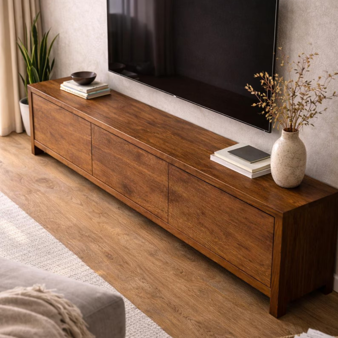 A long, low wooden TV stand with three drawers and a smooth top surface, styled in a modern living room setting with a television, books, a potted plant, and a vase of dried branches.