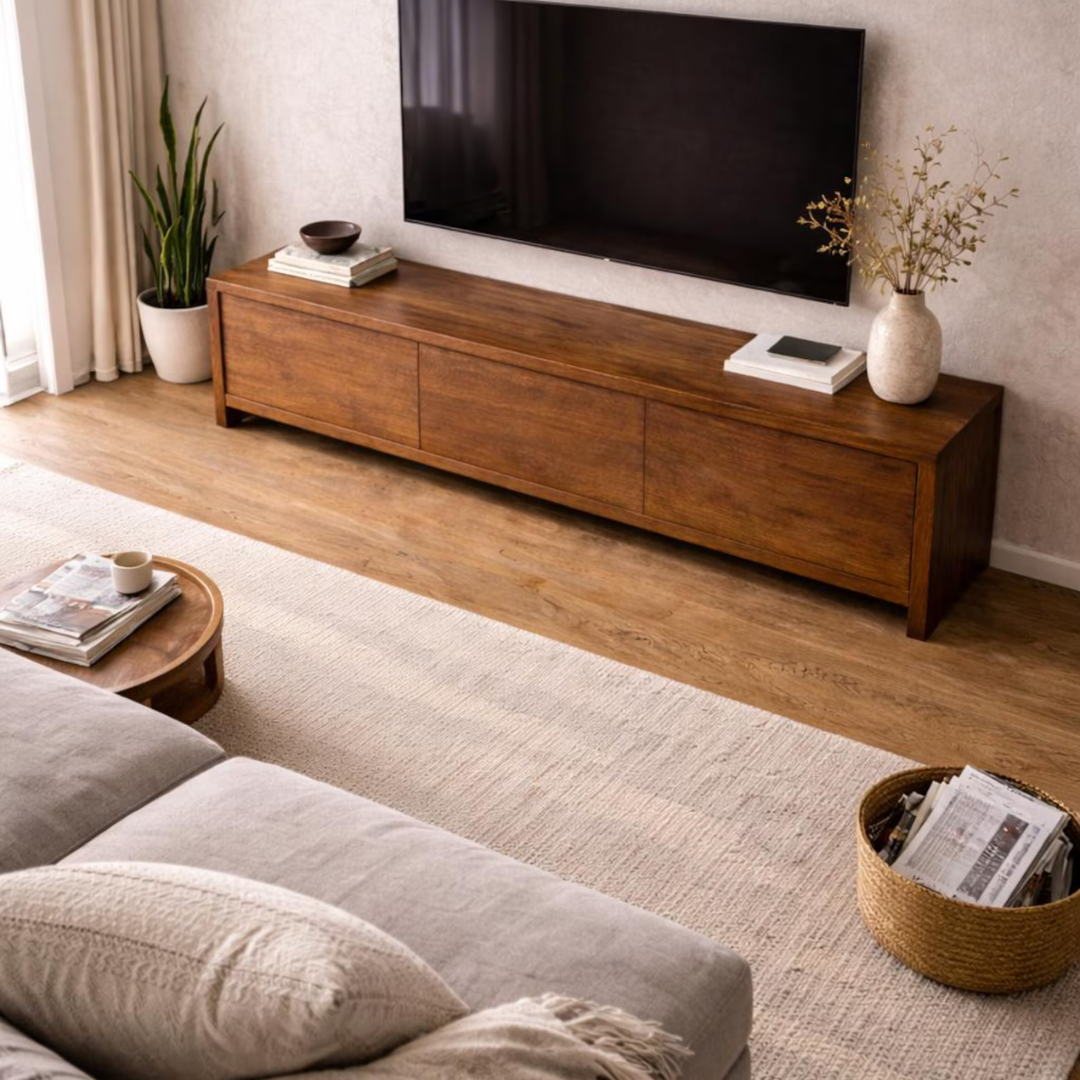 A long, low wooden TV console in a warm medium brown finish, styled in a modern living room setting with a wall-mounted black TV, a gray sofa, and neutral decor.