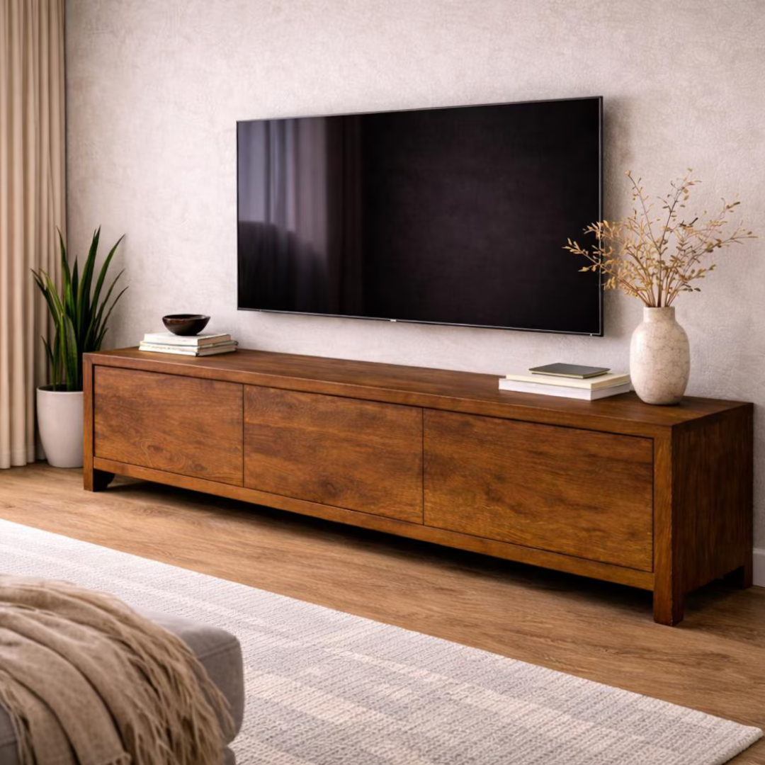 Solid Sheesham wood 6ft minimalist TV stand and media console by Adaptivo Furniture.