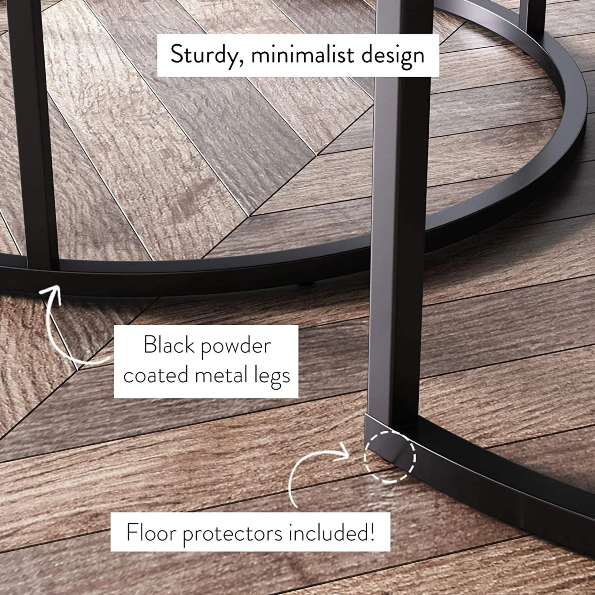 Round stacking coffee tables with wood finish and metal frame