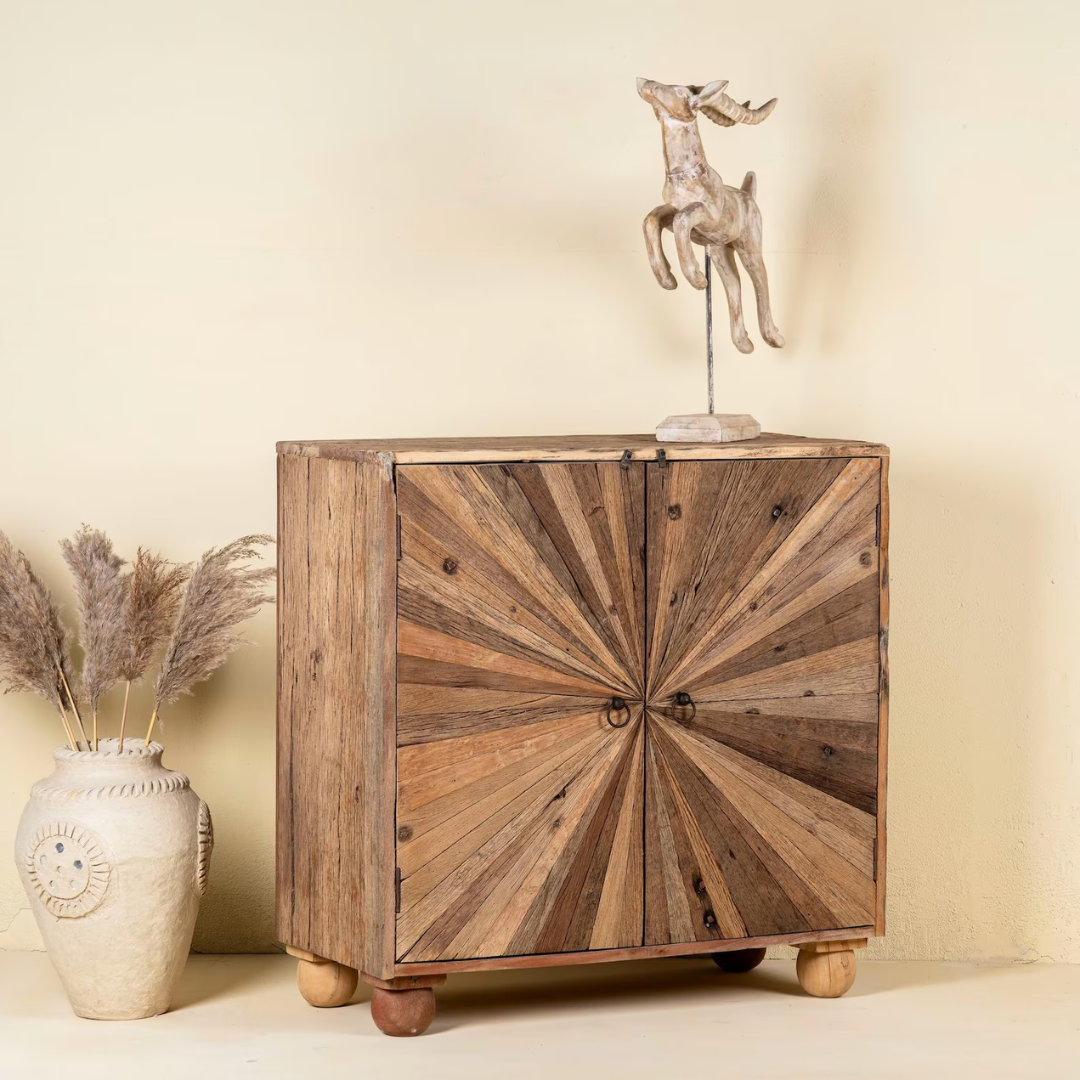 Handcrafted Sunburst solid Acacia wood storage cabinet by Adaptivo Furniture. adativo