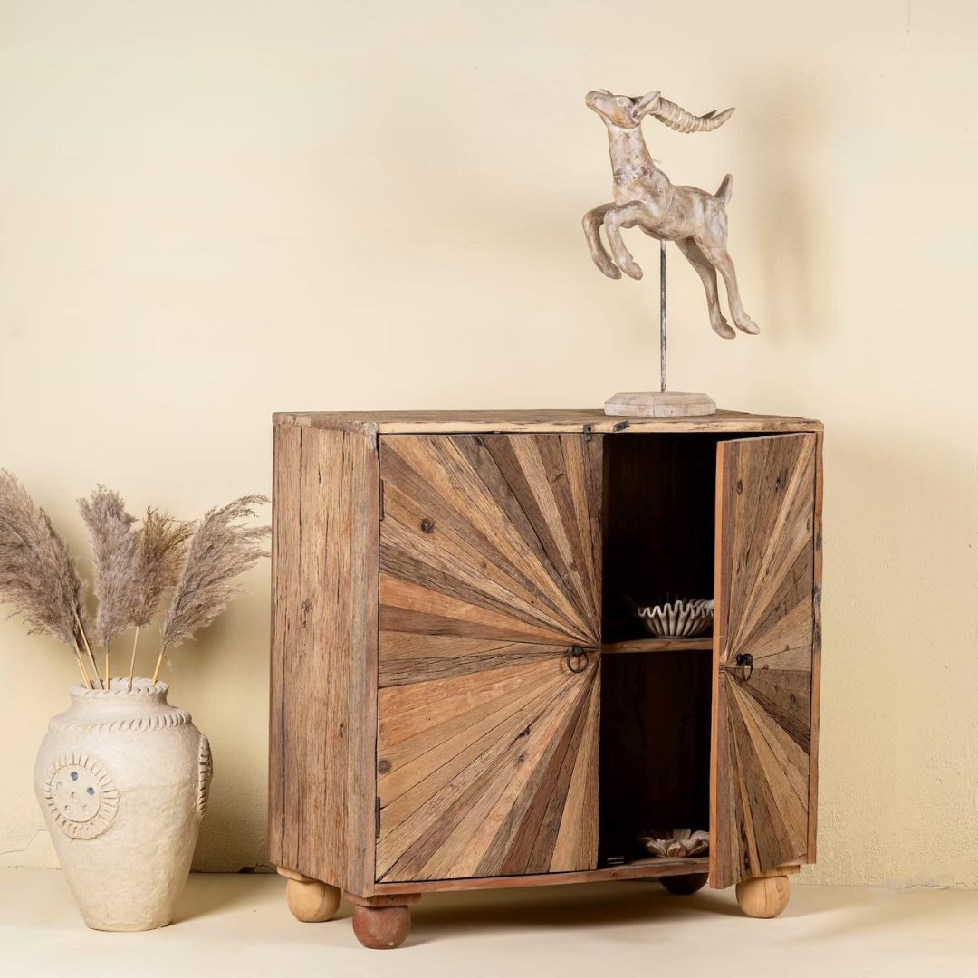 Modern Sunburst design cupboard made from solid Acacia wood for stylish home storage.