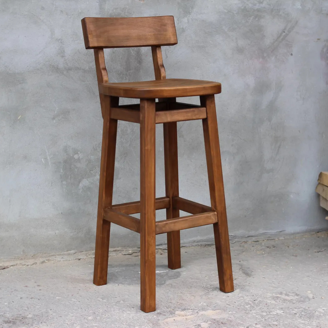 Tall Wooden Bar Stool | Solid Sheesham Wood with Ergonomic Seat & Curved Backrest | Rustic Farmhouse Counter Chair